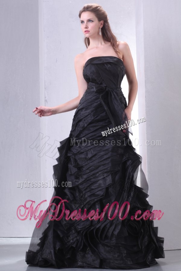 Black A-line Strapless Evening Dress with Layers and Sash
