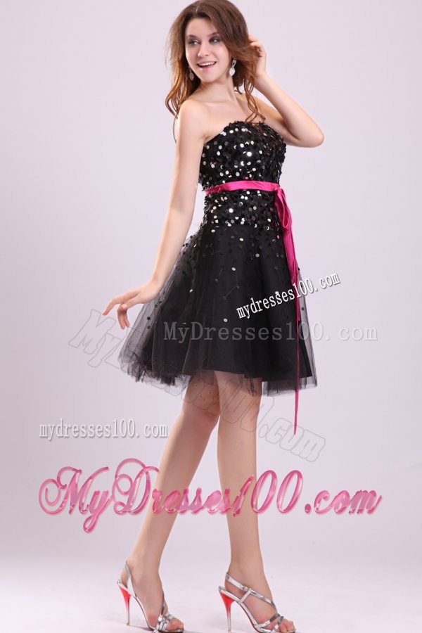 Black Strapless Evening Dress with Pink Sash and Sequins