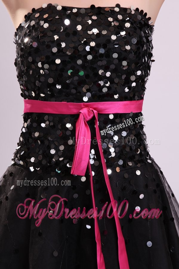 Black Strapless Evening Dress with Pink Sash and Sequins