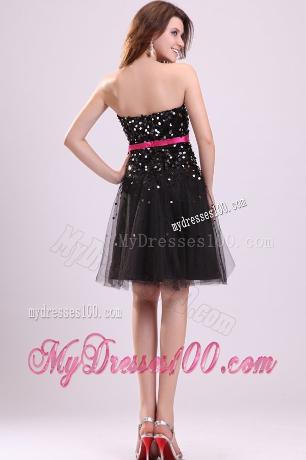 Black Strapless Evening Dress with Pink Sash and Sequins