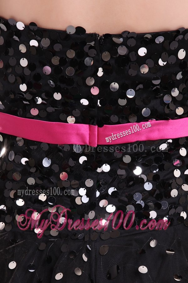 Black Strapless Evening Dress with Pink Sash and Sequins