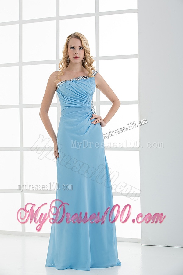 Blue Column One Shoulder Beading Chiffon Ruching Evening Dress