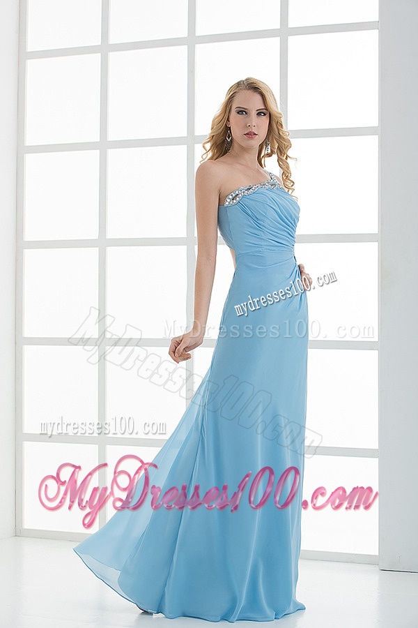 Blue Column One Shoulder Beading Chiffon Ruching Evening Dress