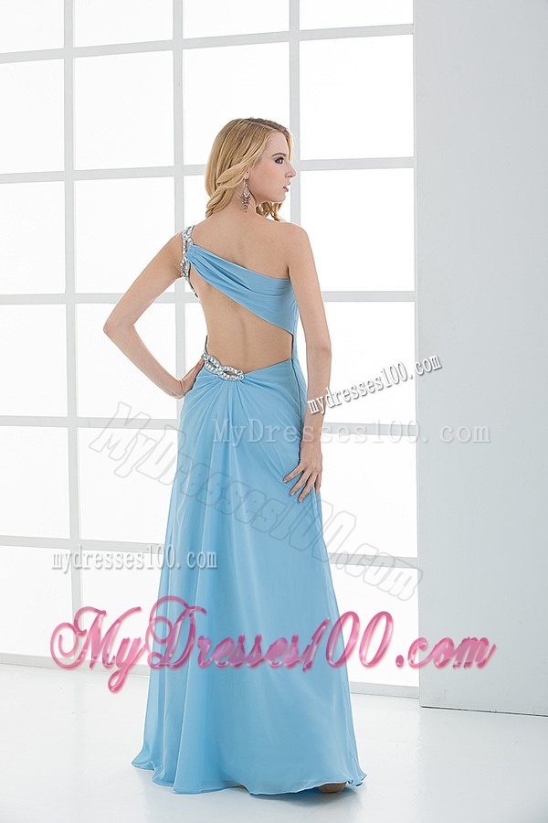 Blue Column One Shoulder Beading Chiffon Ruching Evening Dress