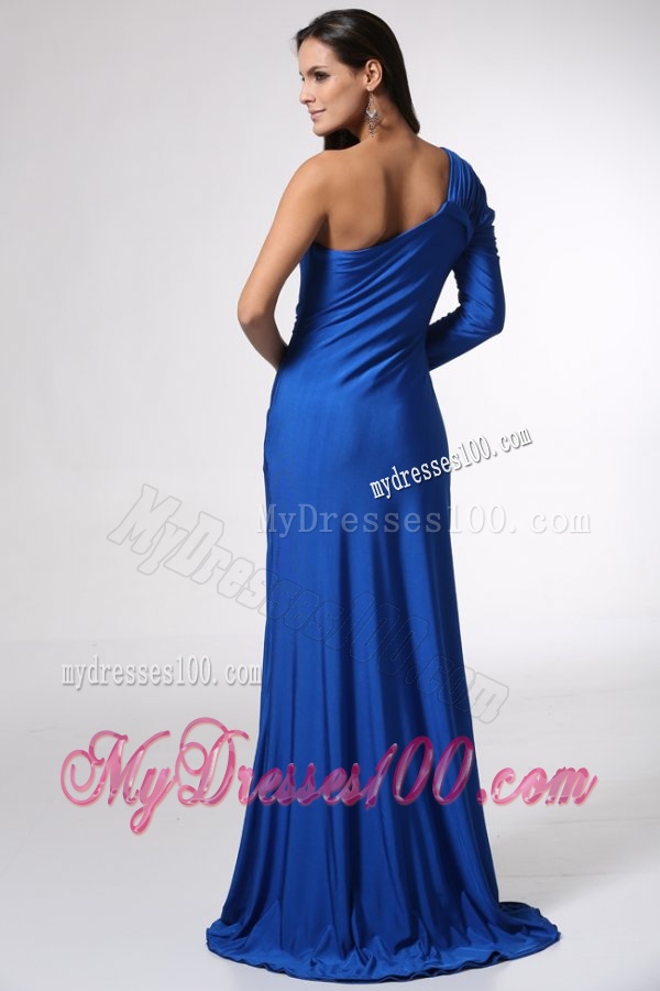 Blue Long Sleeve One Shoulder Evening Dress with High Slit