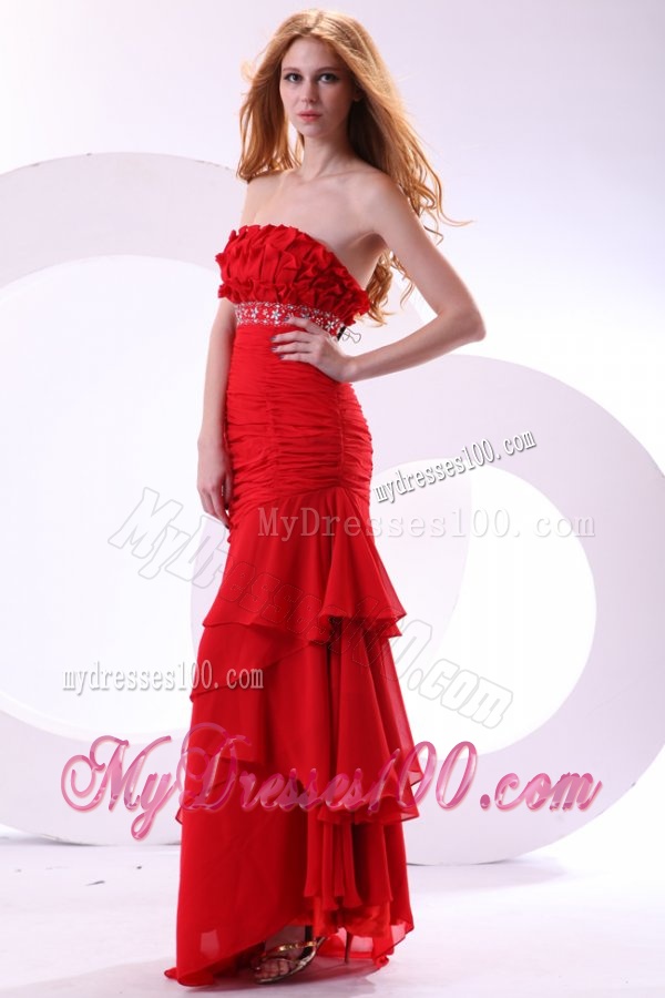Brand new Column Strapless Ruching Brush Train Chiffon Red Evening Dress