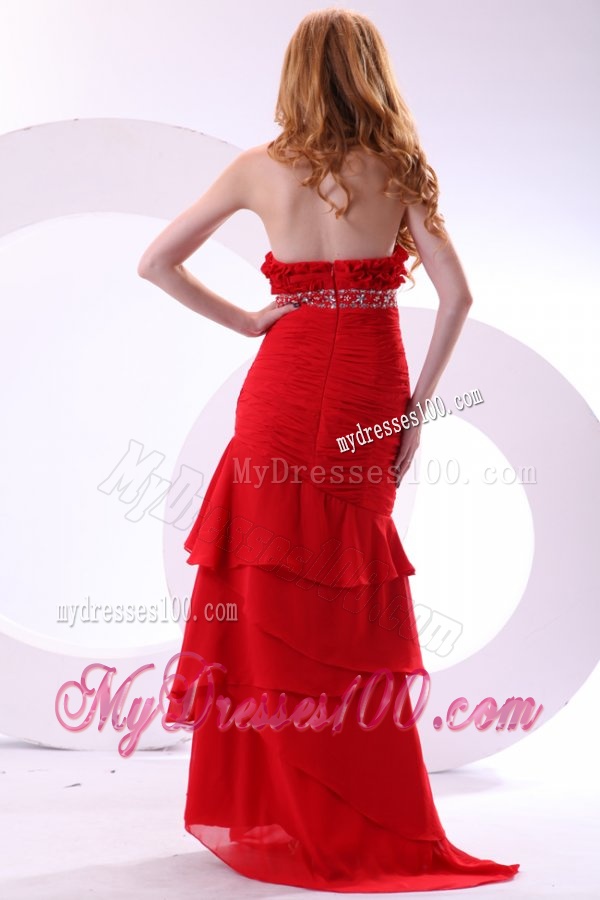 Brand new Column Strapless Ruching Brush Train Chiffon Red Evening Dress