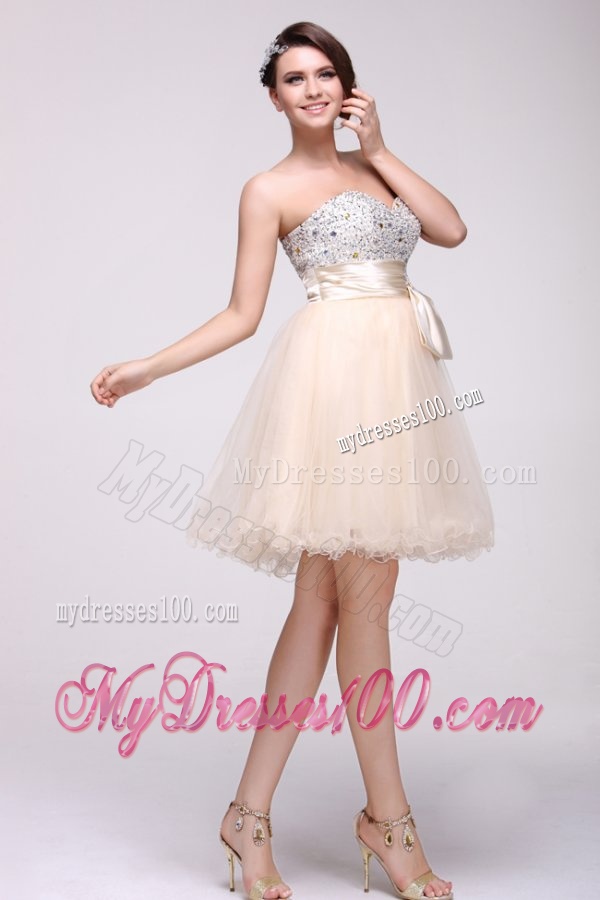 Champagne A-line Sweetheart Beaded Knee-length Evening Dress