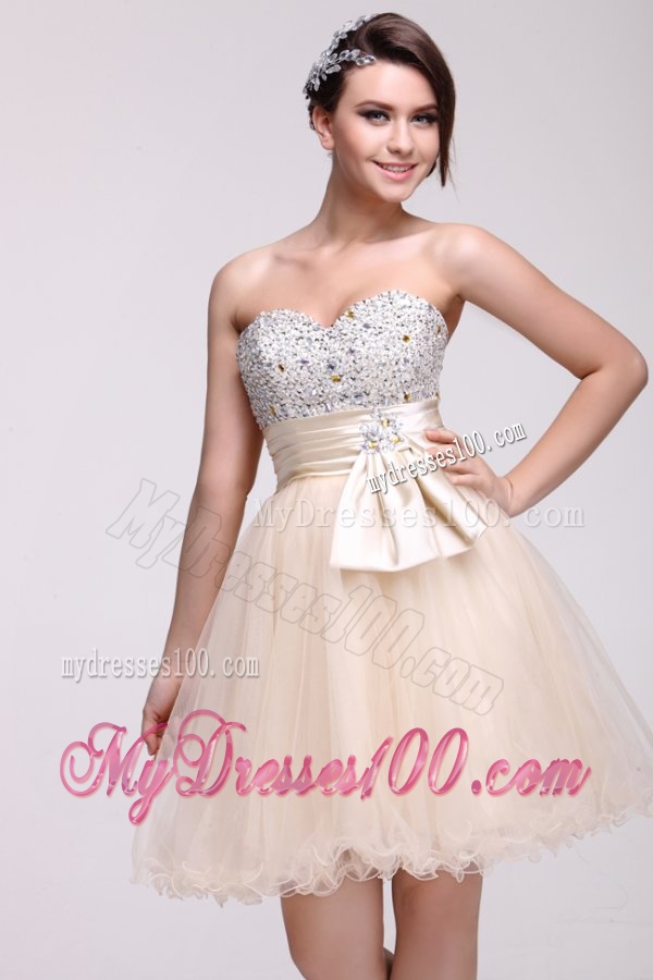 Champagne A-line Sweetheart Beaded Knee-length Evening Dress