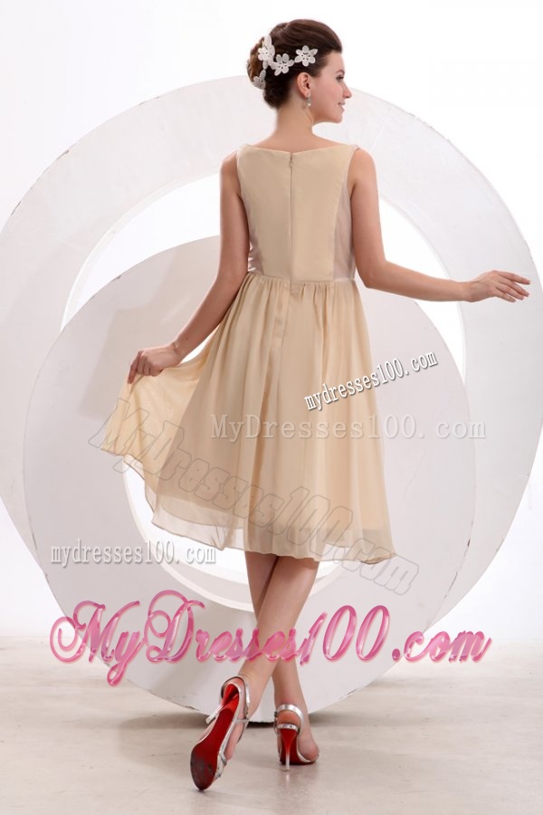 Champagne Bateau Ruching Evening Dress with Chiffon