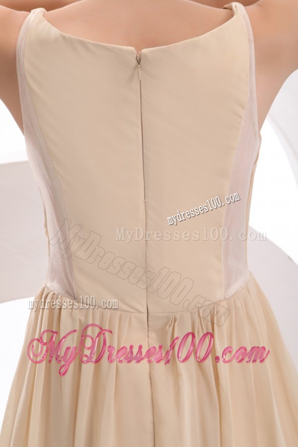 Champagne Bateau Ruching Evening Dress with Chiffon