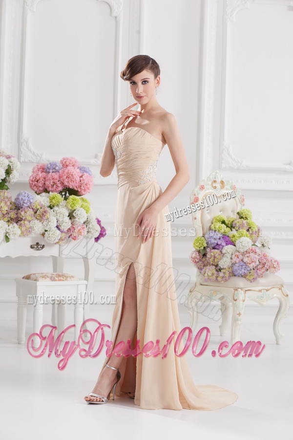 Champagne Empire Evening Dress with Ruching and Appliques