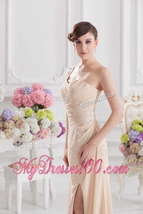 Champagne Empire Evening Dress with Ruching and Appliques