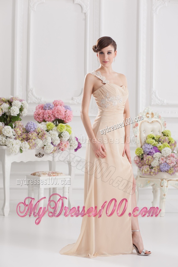 Champagne Empire Evening Dress with Ruching and Appliques