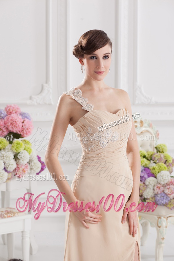 Champagne Empire Evening Dress with Ruching and Appliques