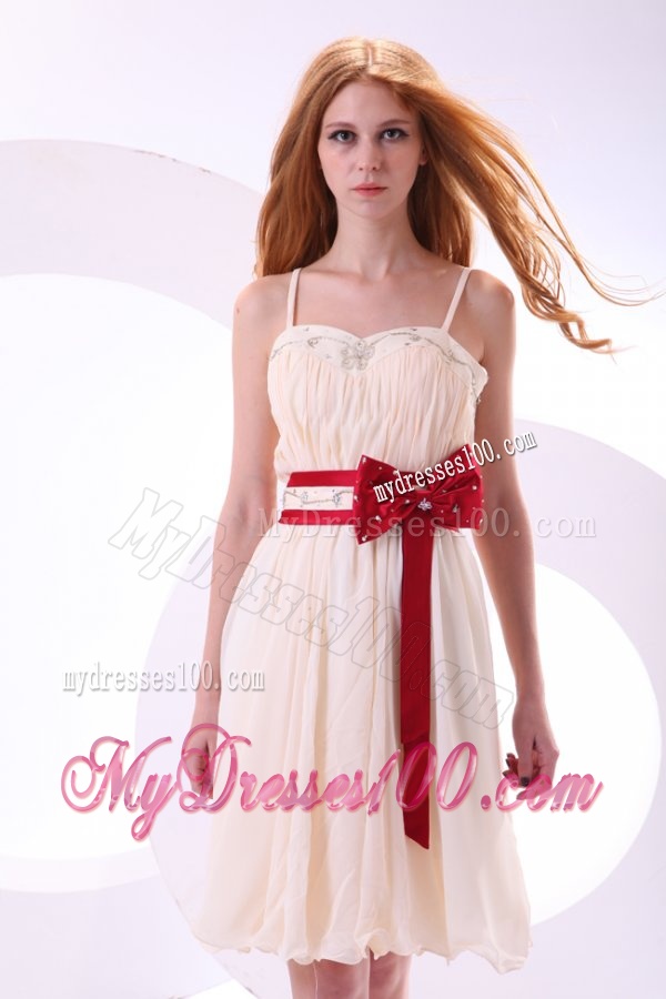 Champagne Empire Straps Beading Mini-length Chiffon Evening Dress