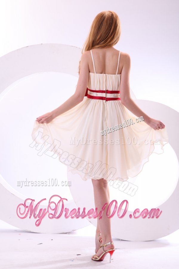 Champagne Empire Straps Beading Mini-length Chiffon Evening Dress