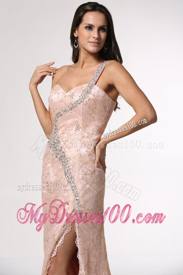 Champagne One Shoulder High Slit Evening Dress with Lace and Beading