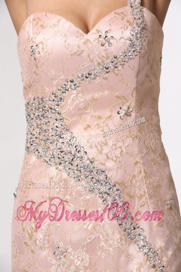 Champagne One Shoulder High Slit Evening Dress with Lace and Beading