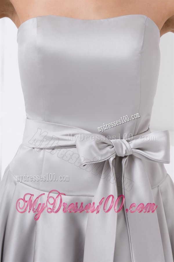 Cheap A-line Strapless Grey Mini-length Evening Dress with Bowknot
