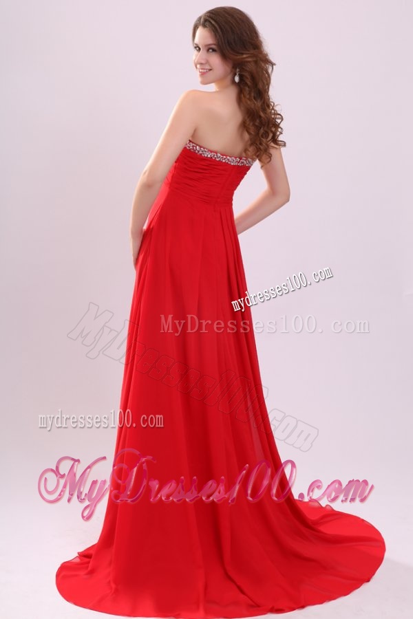 Chiffon Romantic Empire Red Strapless Brush Train Beading 2016 Evening Dress