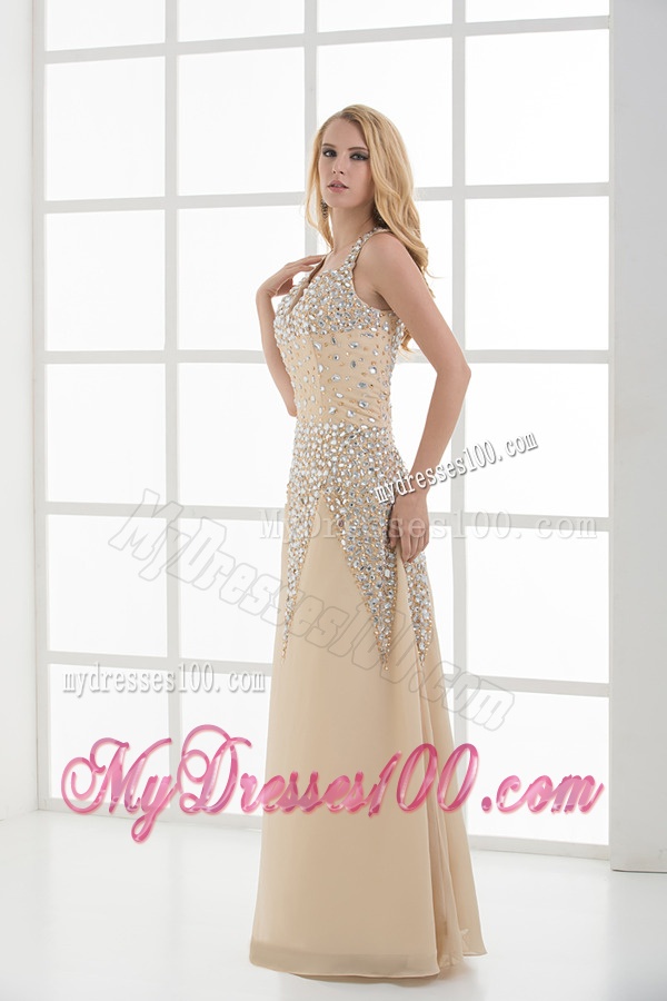 Column Floor-length Beading Organza Champagne Evening Dress