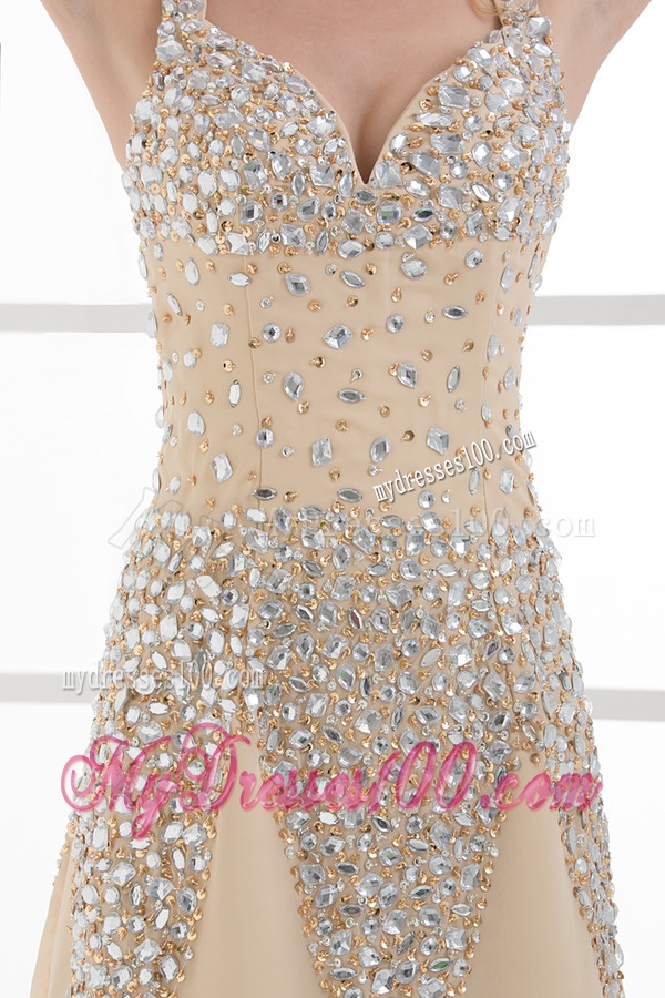 Column Floor-length Beading Organza Champagne Evening Dress