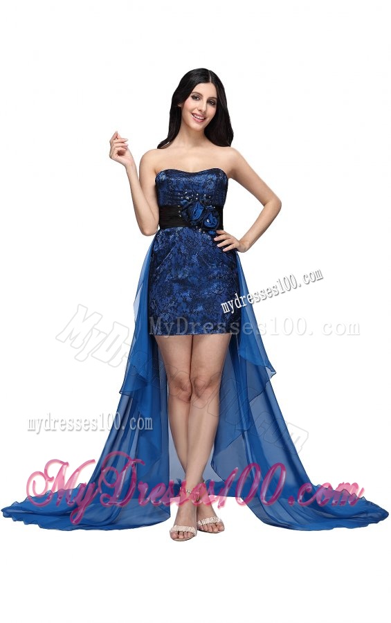 Column Royal Blue Strapless Lace Beading High-low Evening Dress