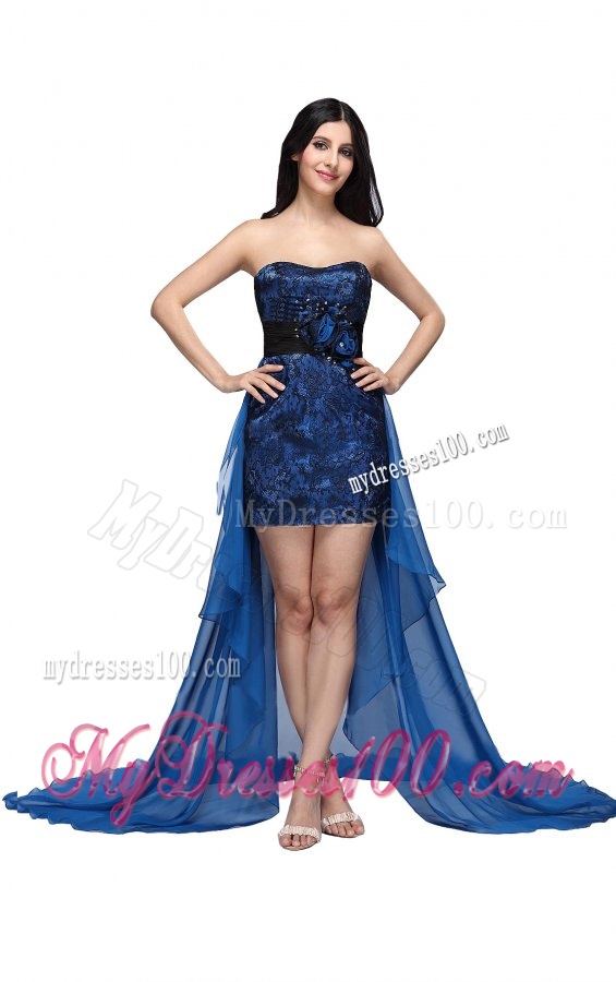 Column Royal Blue Strapless Lace Beading High-low Evening Dress
