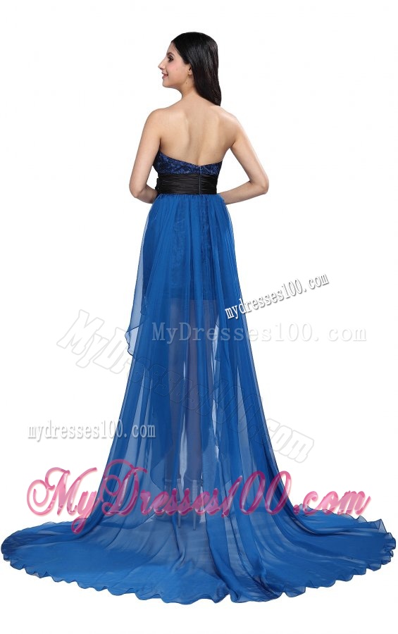 Column Royal Blue Strapless Lace Beading High-low Evening Dress