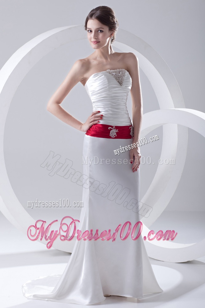 Column Ruchings Belt Beading White Brush Train Dress for Evening