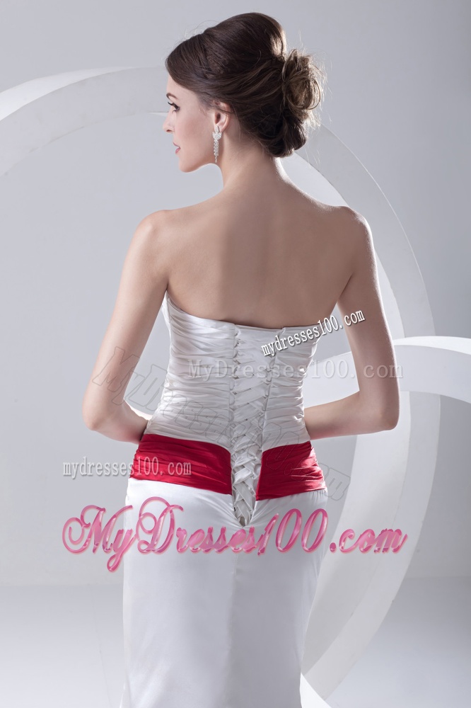 Column Ruchings Belt Beading White Brush Train Dress for Evening
