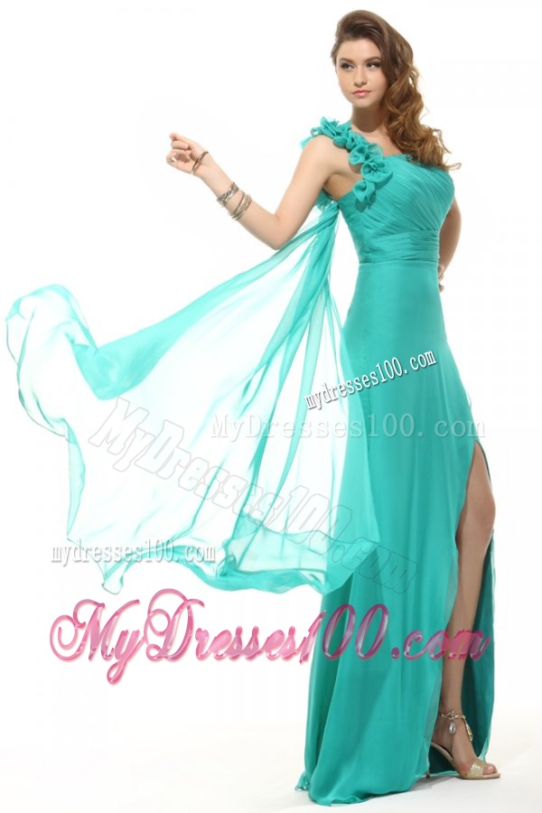 Column Turquoise One Shoulder Chiffon Watteau Train Ruching Evening Dress