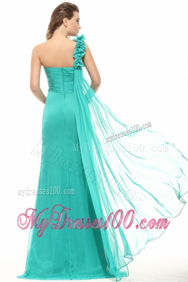Column Turquoise One Shoulder Chiffon Watteau Train Ruching Evening Dress