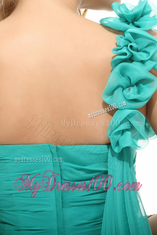 Column Turquoise One Shoulder Chiffon Watteau Train Ruching Evening Dress