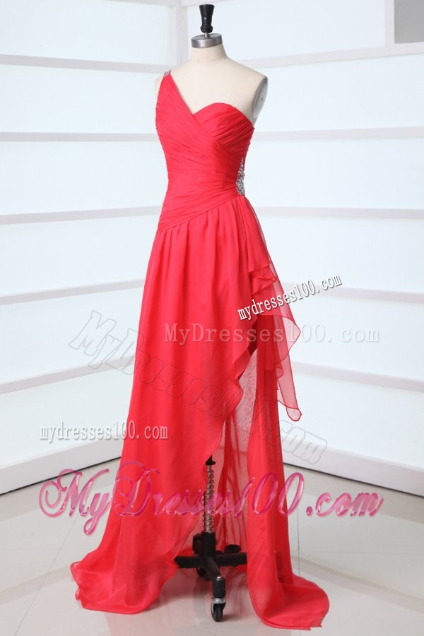 Coral Red Column Chiffon One Shoulder High-low Beading Chiffon Evening Dress