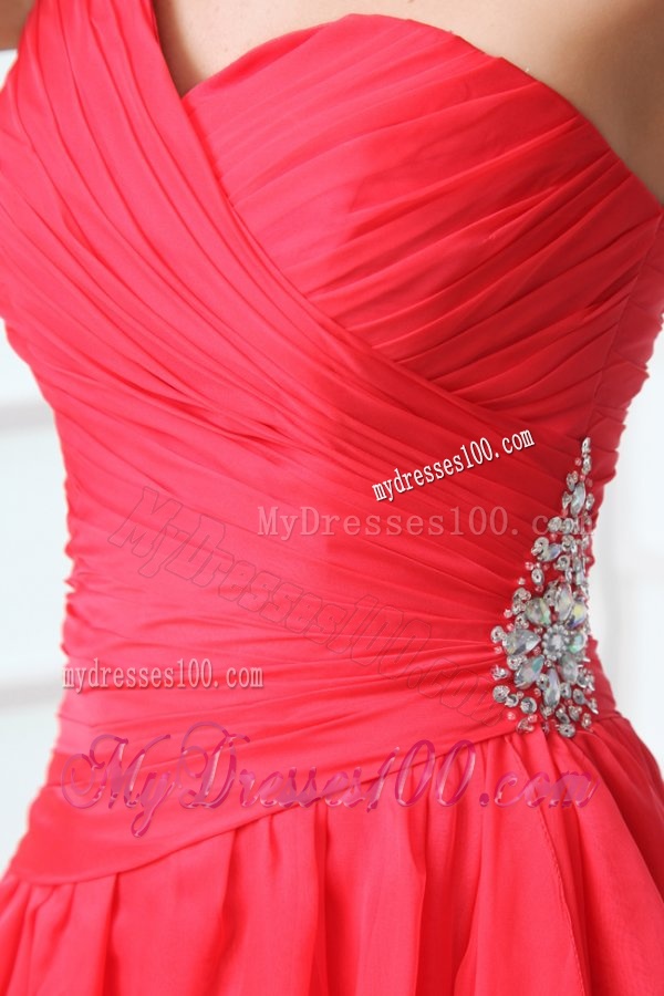 Coral Red Column Chiffon One Shoulder High-low Beading Chiffon Evening Dress