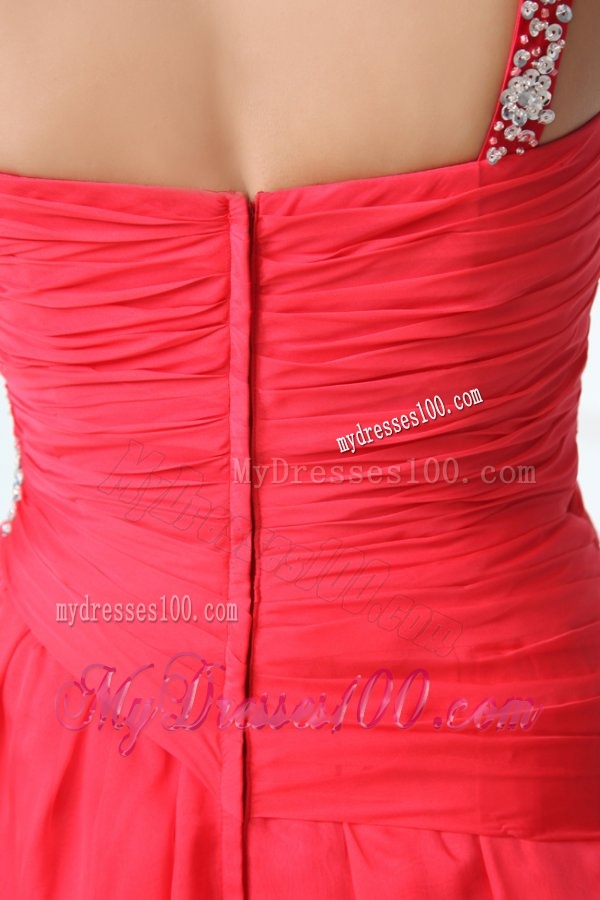 Coral Red Column Chiffon One Shoulder High-low Beading Chiffon Evening Dress