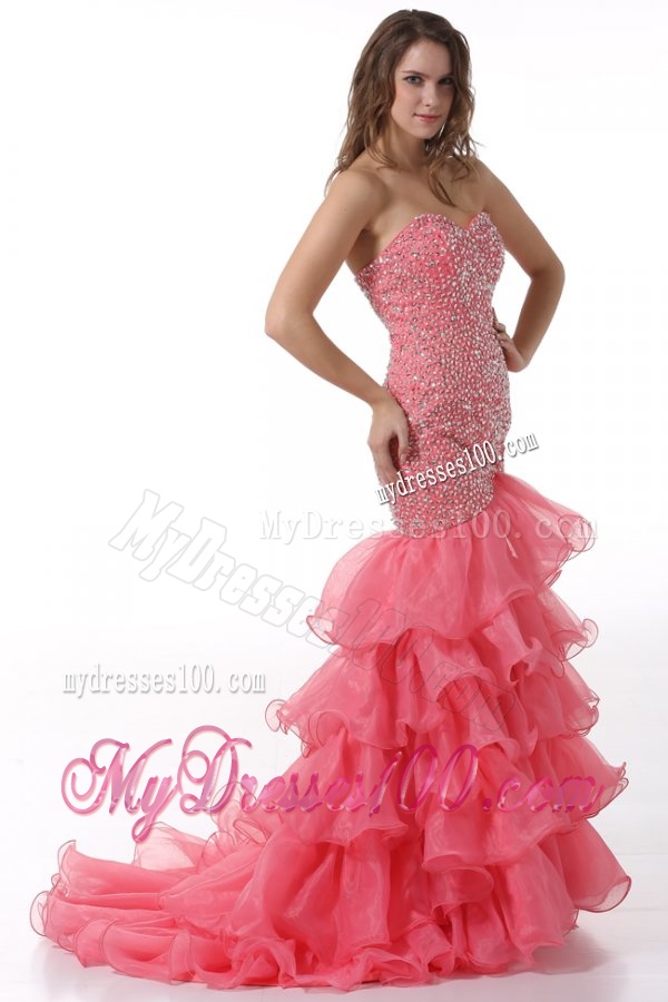 Court Train Mermaid Sweetheart Evening Dress with Beading and Layers