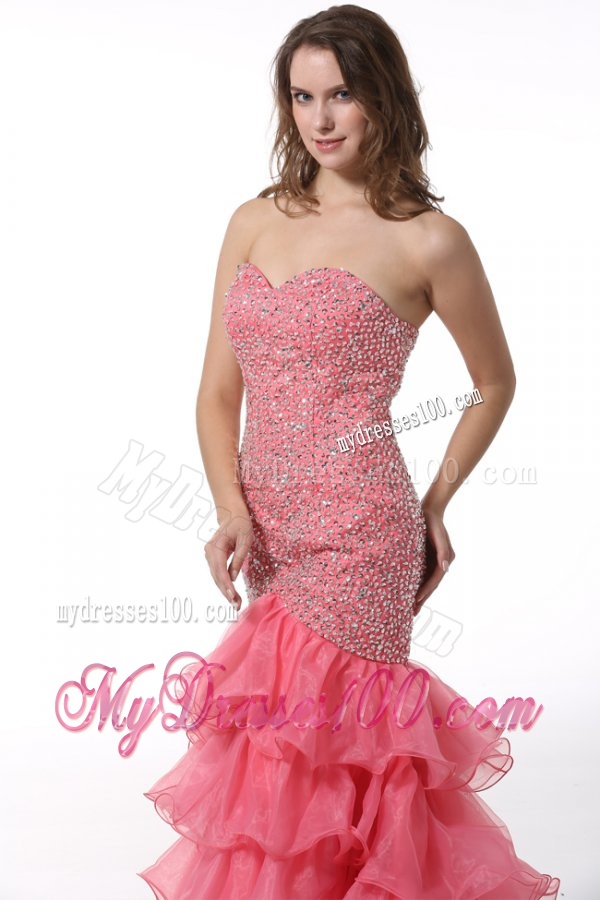 Court Train Mermaid Sweetheart Evening Dress with Beading and Layers