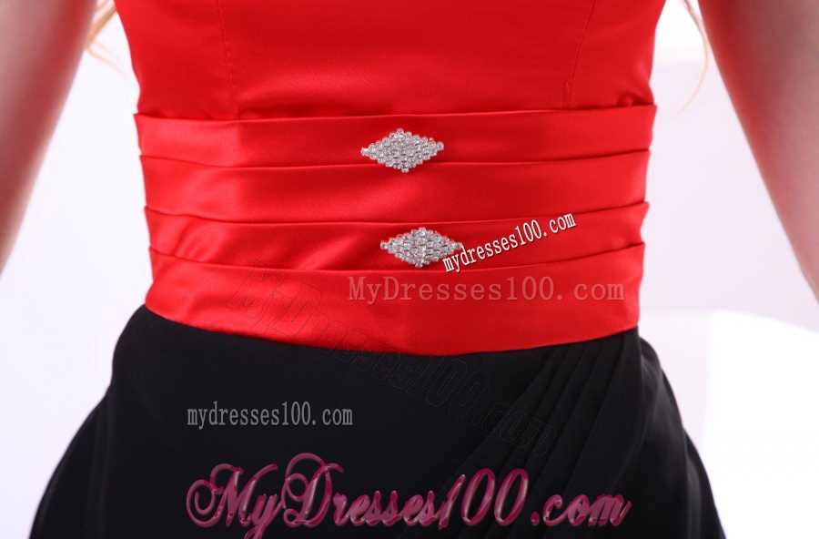 Discount Column V-neck Column Black and Red Evening Dress with Ruching
