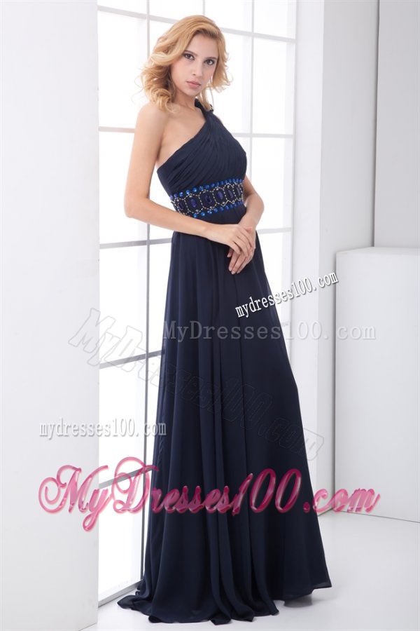 Discount Empire One shoulder Chiffon Navy Blue Beading Evening Dress with Side Zipper