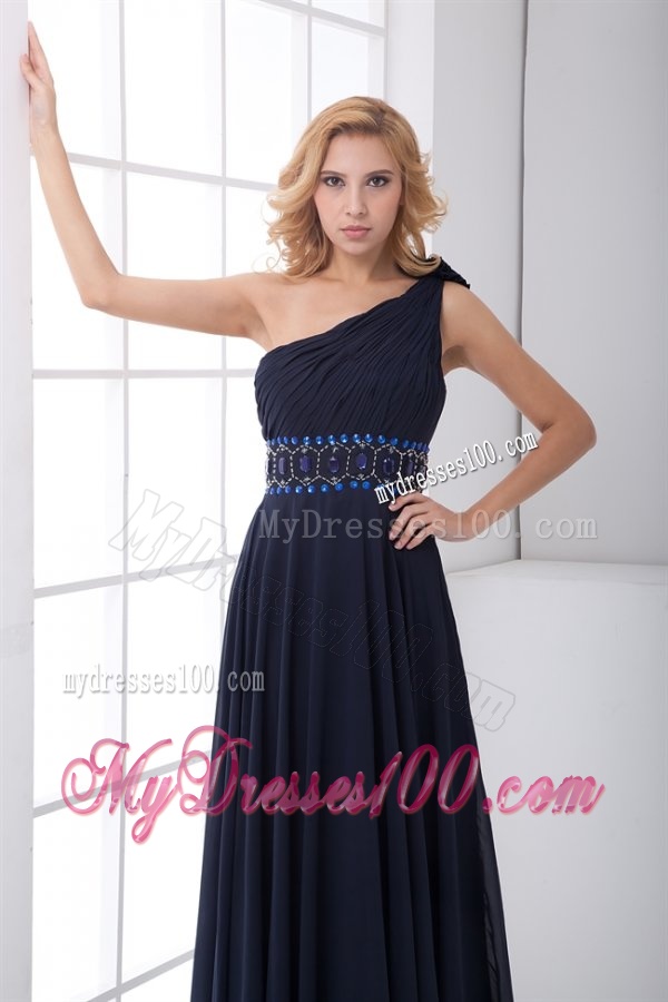 Discount Empire One shoulder Chiffon Navy Blue Beading Evening Dress with Side Zipper