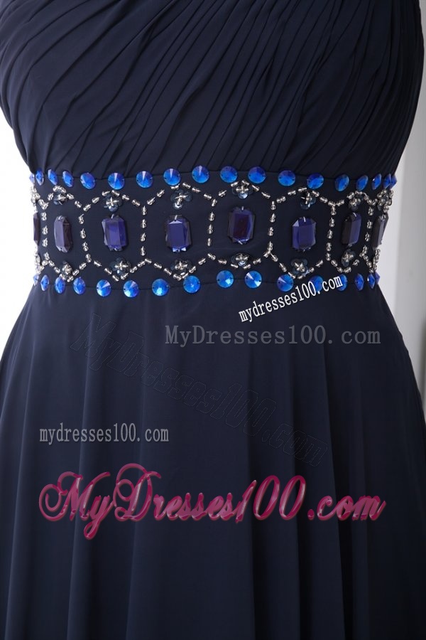Discount Empire One shoulder Chiffon Navy Blue Beading Evening Dress with Side Zipper