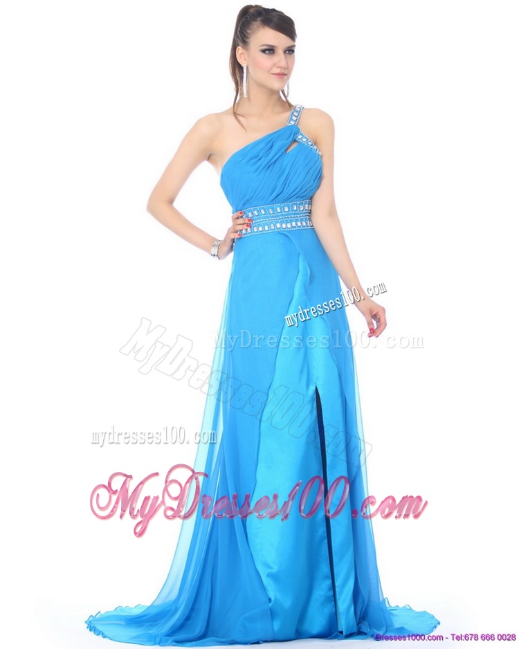 Elegant 2016 One Shoulder Blue Long Evening Dress with Rhinestones