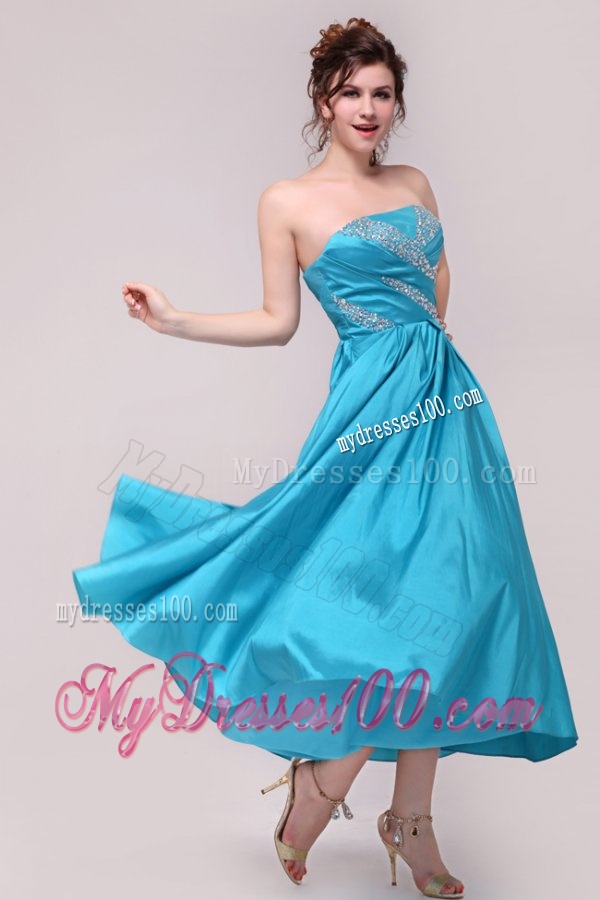 Elegant Aqua Blue A-Line Strapless Taffeta Beading Ankle-length Evening Dress