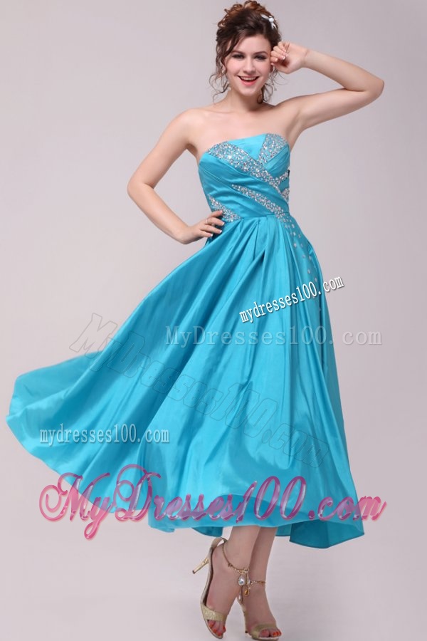 Elegant Aqua Blue A-Line Strapless Taffeta Beading Ankle-length Evening Dress