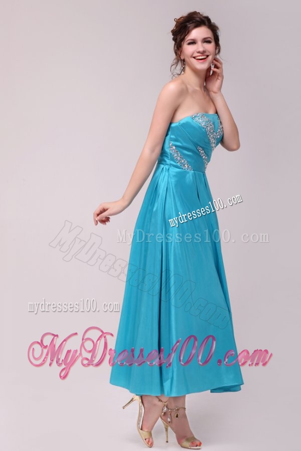Elegant Aqua Blue A-Line Strapless Taffeta Beading Ankle-length Evening Dress