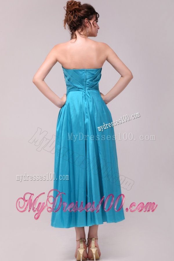 Elegant Aqua Blue A-Line Strapless Taffeta Beading Ankle-length Evening Dress