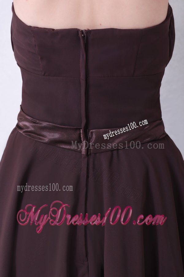 Elegant Brown Strapless Knee-length Evening Dress with Sash and Ruching